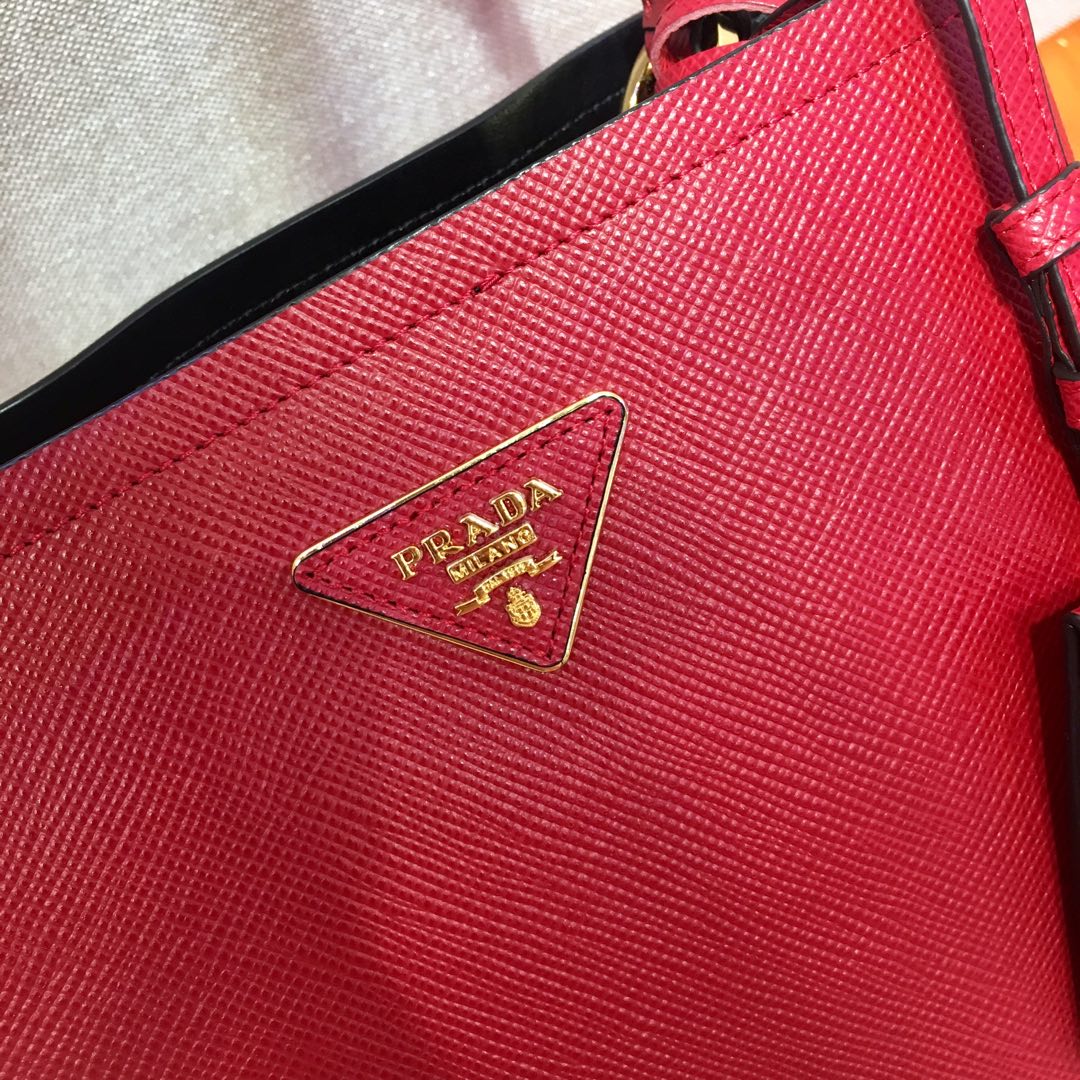 Prada Medium Panier Saffiano Leather Bag Fiery Red/Black 1BA212